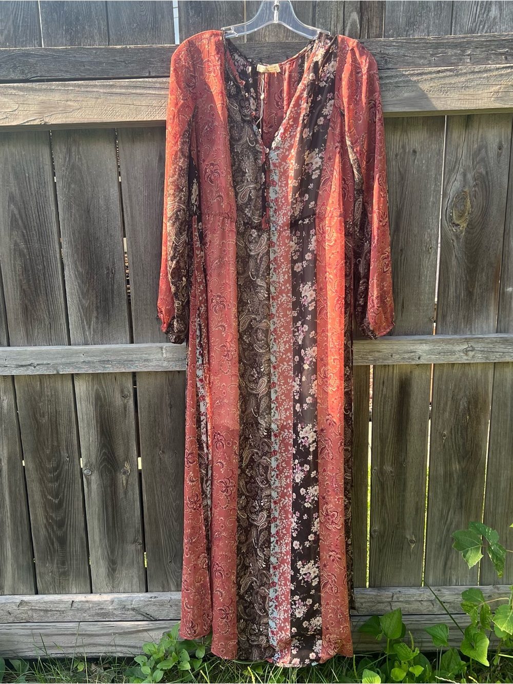 lovestitch Multi-Panel Floral Paisley Maxi Dress in Rust, Brown, Cream